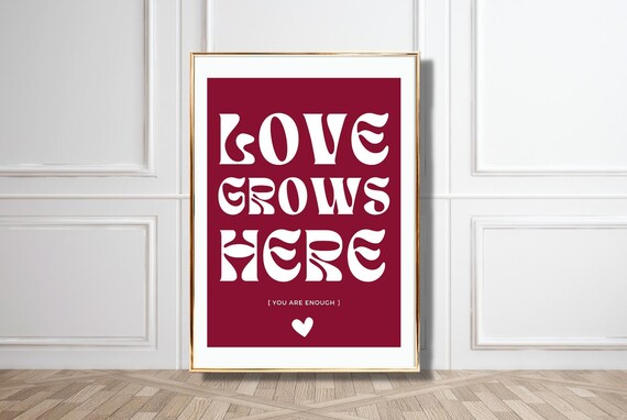 Poster Love Grows Here Retro Red White Design For Stylish Spaces For Unique And Heartfelt Wall Decor