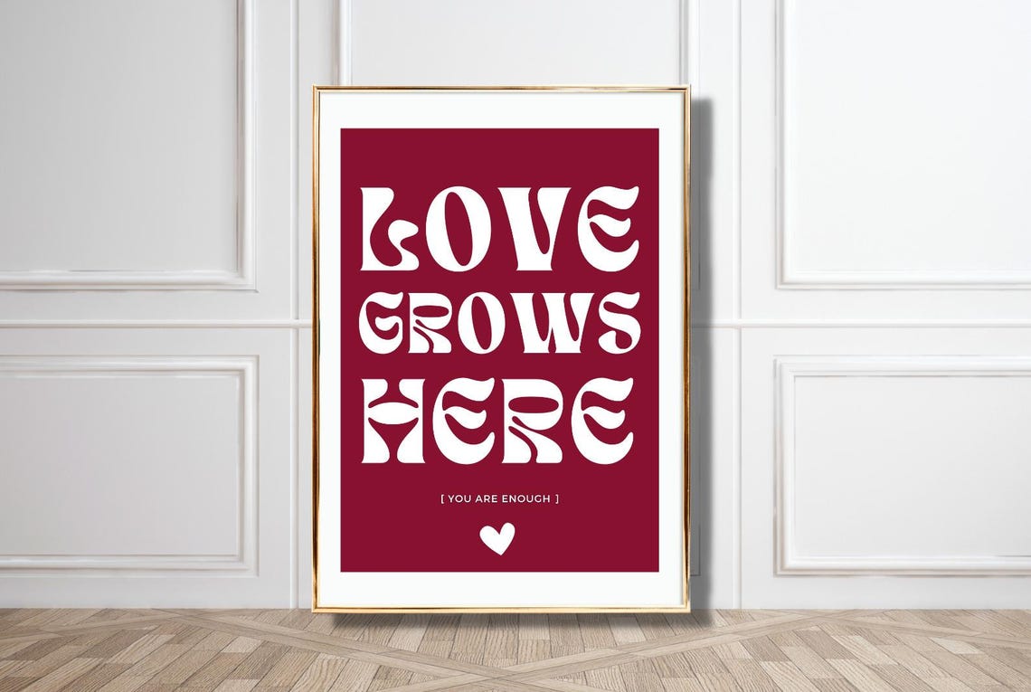 Love Grows Here Burgundy White Retro Typography Heart Quote Poster