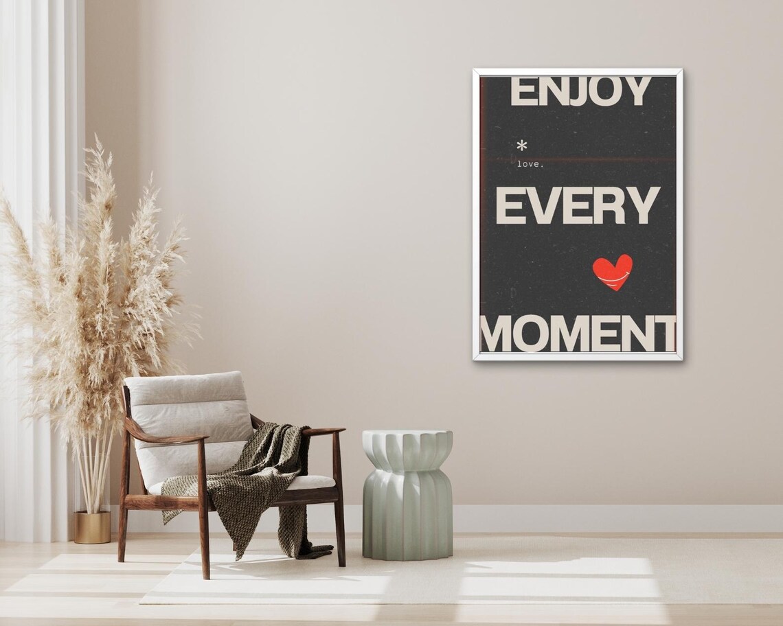 Enjoy Every Moment Black Cream Heart Modern Minimalist Quote Poster - Image 3