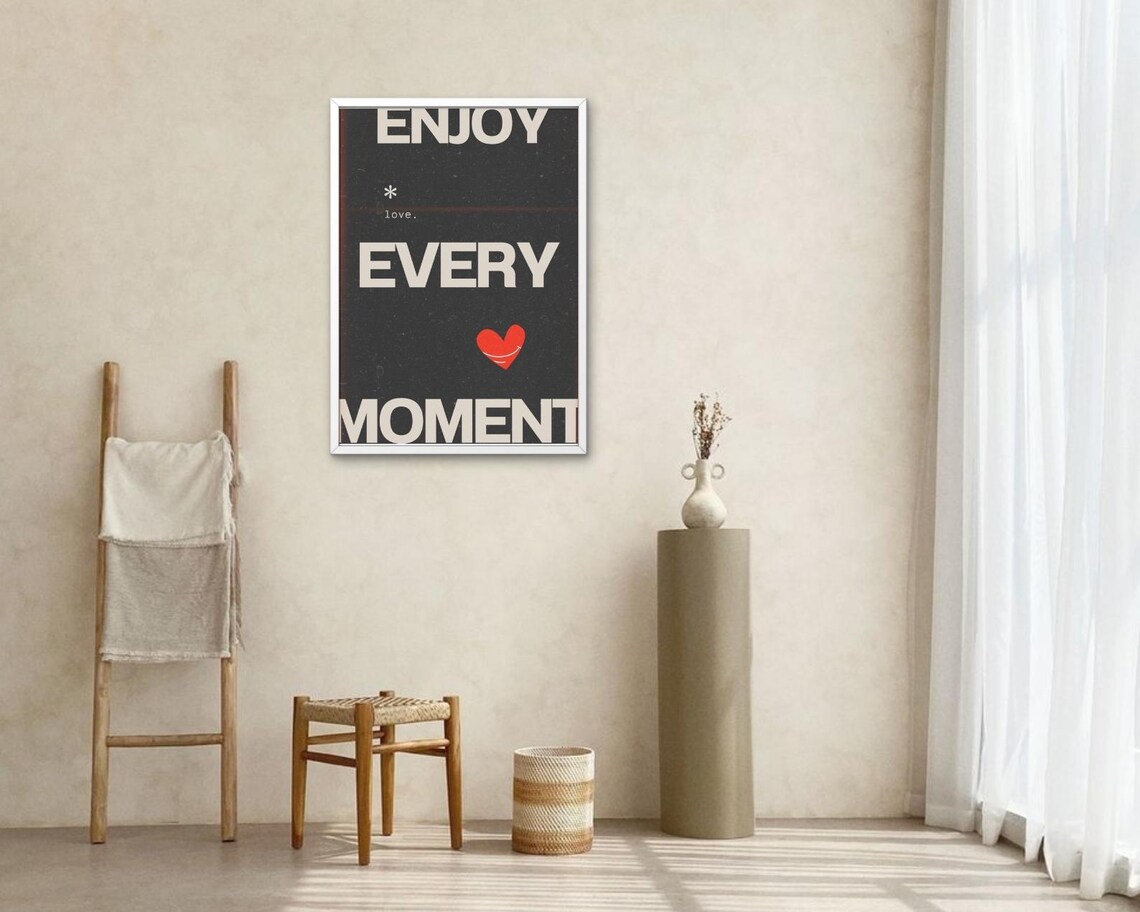 Enjoy Every Moment Black Cream Heart Modern Minimalist Quote Poster - Image 2