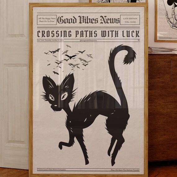 Crossing Paths With Luck Newspaper Poster Gothic Black Cat Bats Artwork
