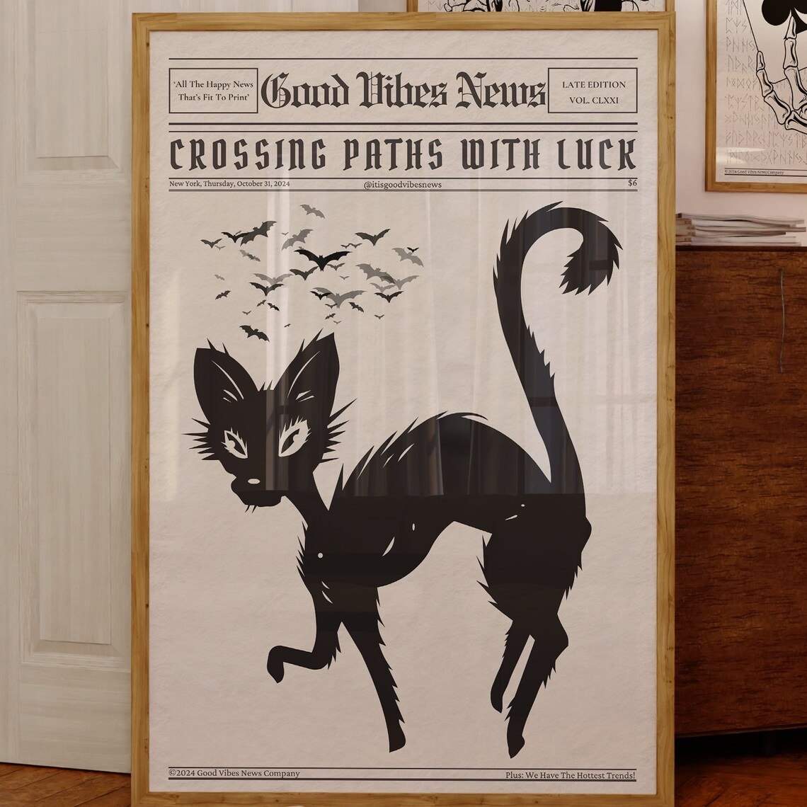 Crossing Paths With Luck Newspaper Poster Gothic Black Cat Bats Artwork