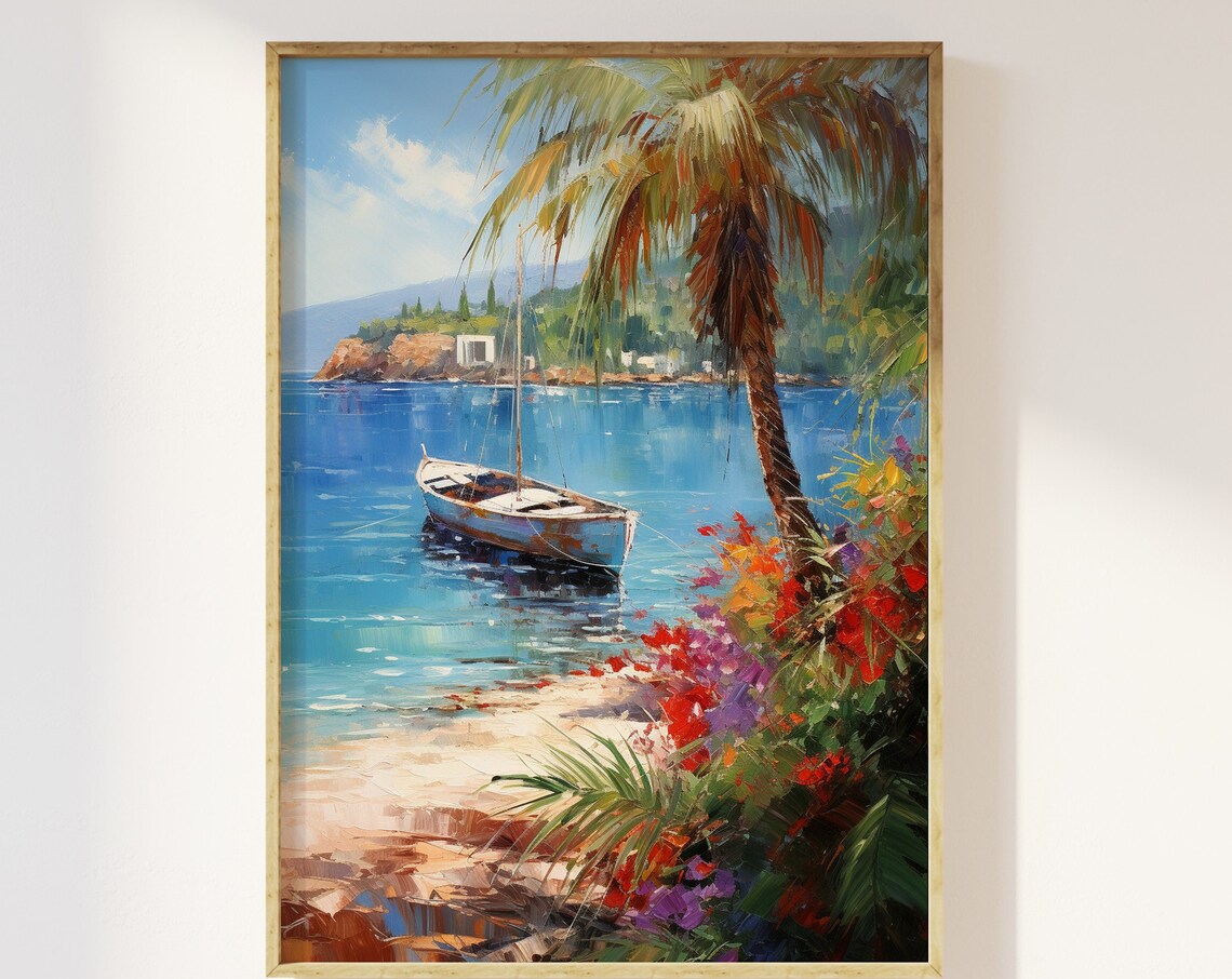 Mediterranean Sailboat Palm Tree Bougainvillea Bay Art Print