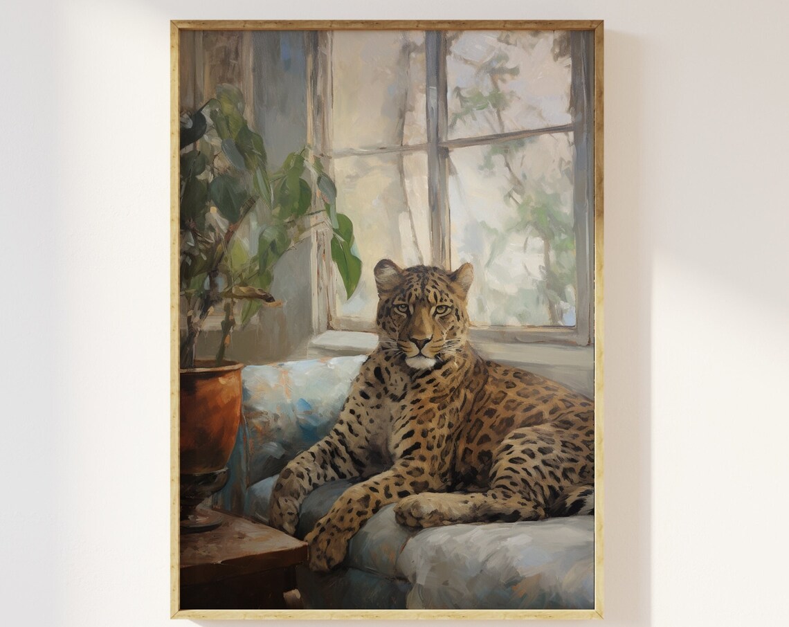 Leopard Sitting On Sofa, Bohemian Interior Art Print