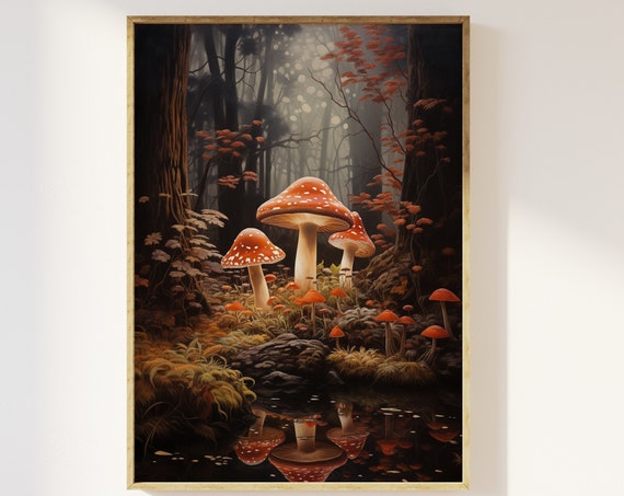Moody Mushrooms Woodland Art Print, Dark Academia