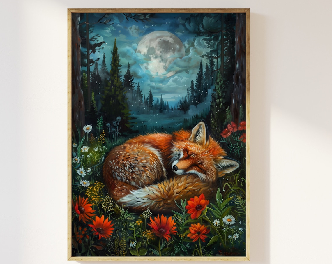 Fox Asleep Under the Full Moon Art Print