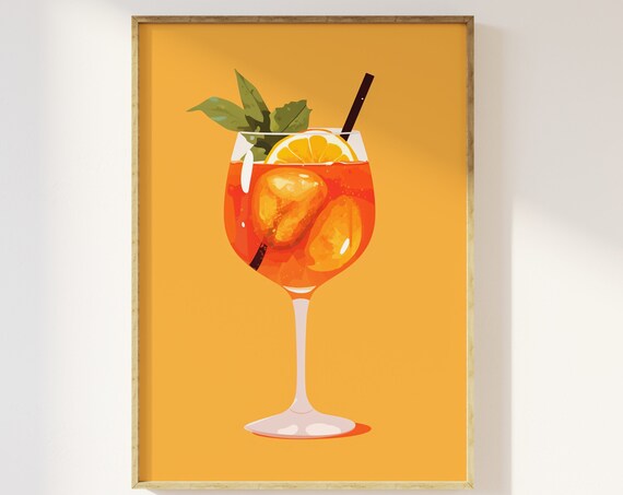 Retro Minimalist Aperol Spritz Orange Cocktail on Yellow Art Print