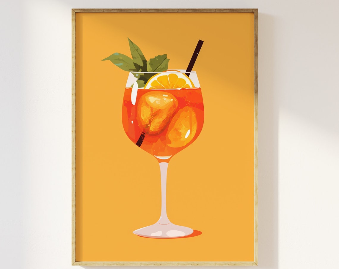 Retro Minimalist Aperol Spritz Orange Cocktail on Yellow Art Print