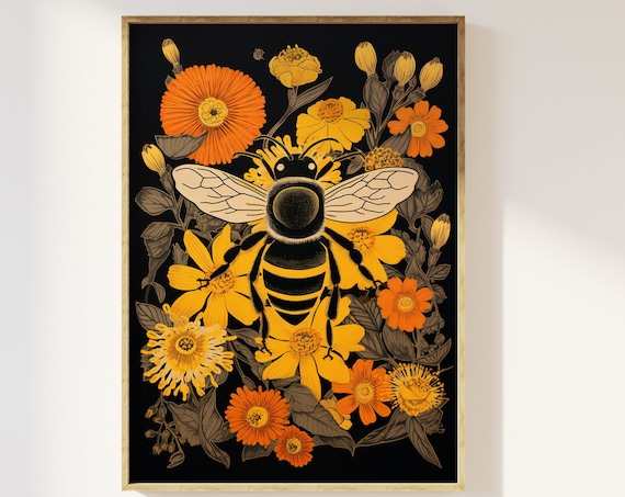 Bee And Flowers Vintage Block Print Art Print