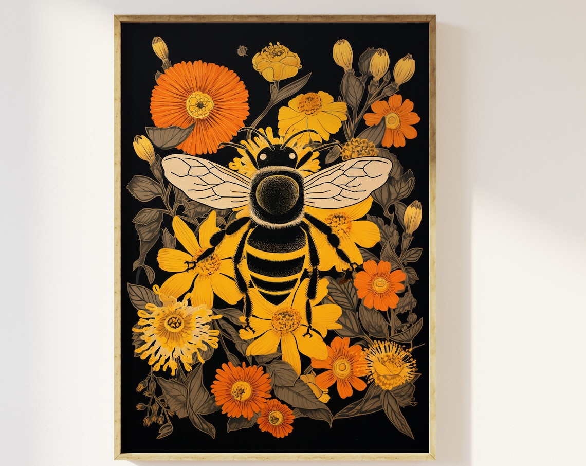Bee And Flowers Vintage Block Print Art Print