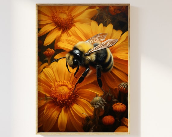 Bee In Sunflowers Wall Art Print Bumble Bee Sunflowers Floral Poster Nature Flower Poster Garden Bee Happy Cottagecore Insect Art