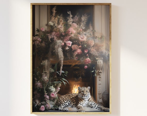 Leopard in Victorian Home, Vintage Maximalist Art Print