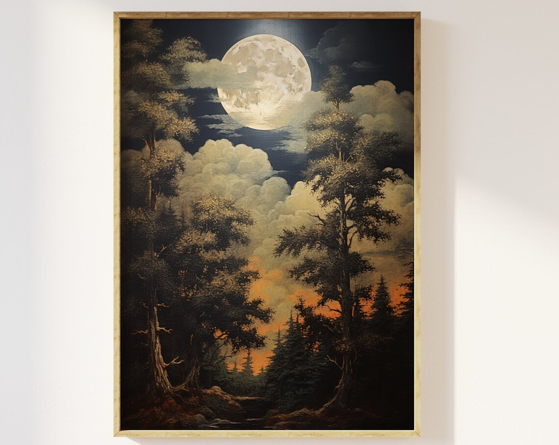 Full Moon Through The Trees, Vintage Celestial Print