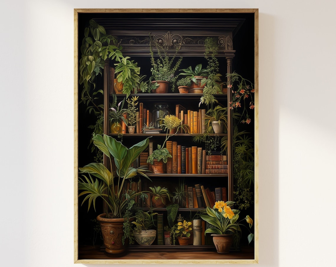 Dark Academia Bookcase and Plants Art Print