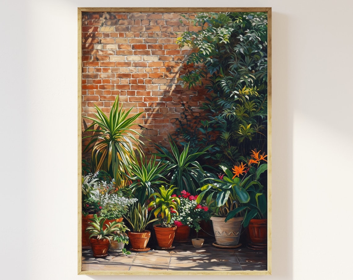 Potted Plants on the Patio Art Print, Cottagecore Botanicals