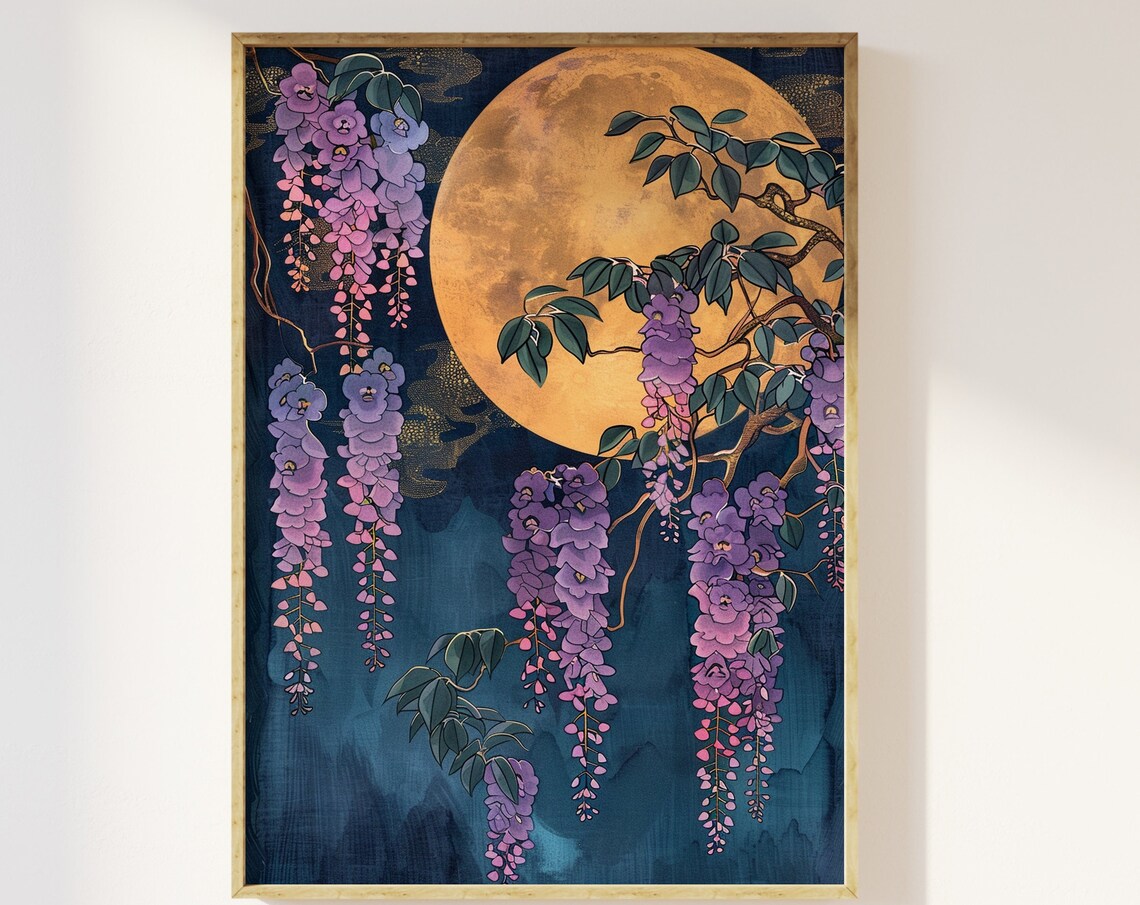 Full Moon And Wisteria, Cottagecore Wall Art Print