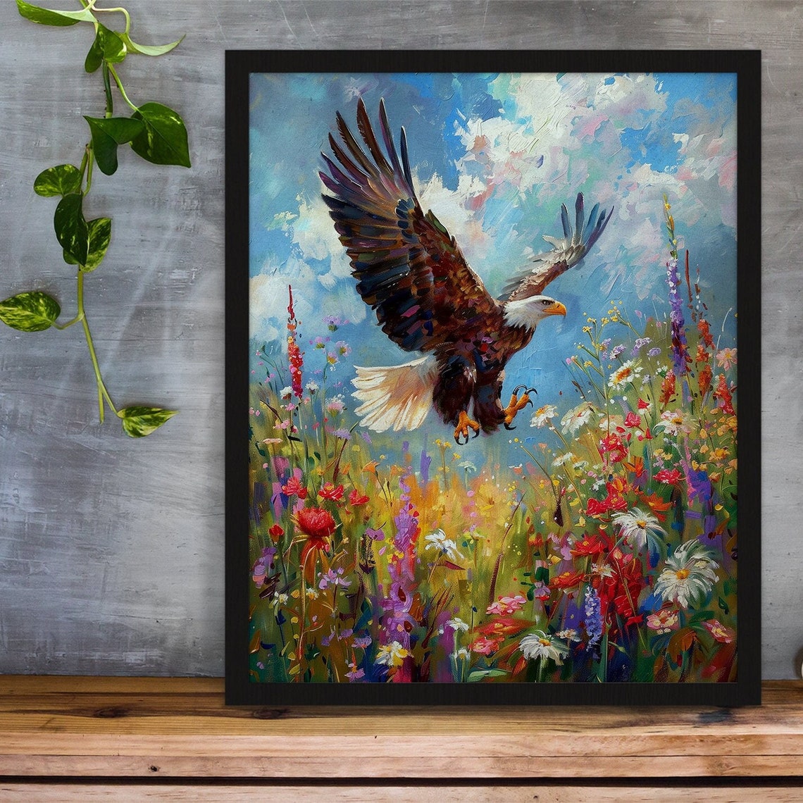 Bald Eagle Soaring Over Wildflower Meadow Oil Painting Poster