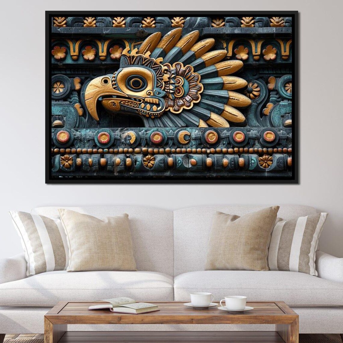 Aztec Sun Bird Relief Teal Gold Tribal Carving Cultural Art Poster - Image 3