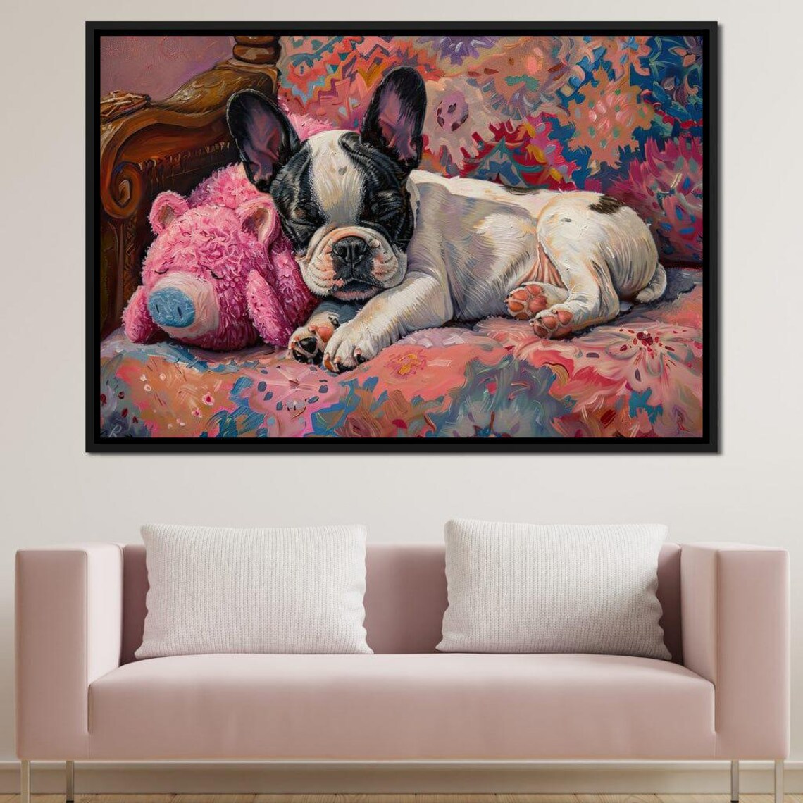 Sleeping French Bulldog Puppy Pink Pig Toy Cozy Oil Painting Wall Art