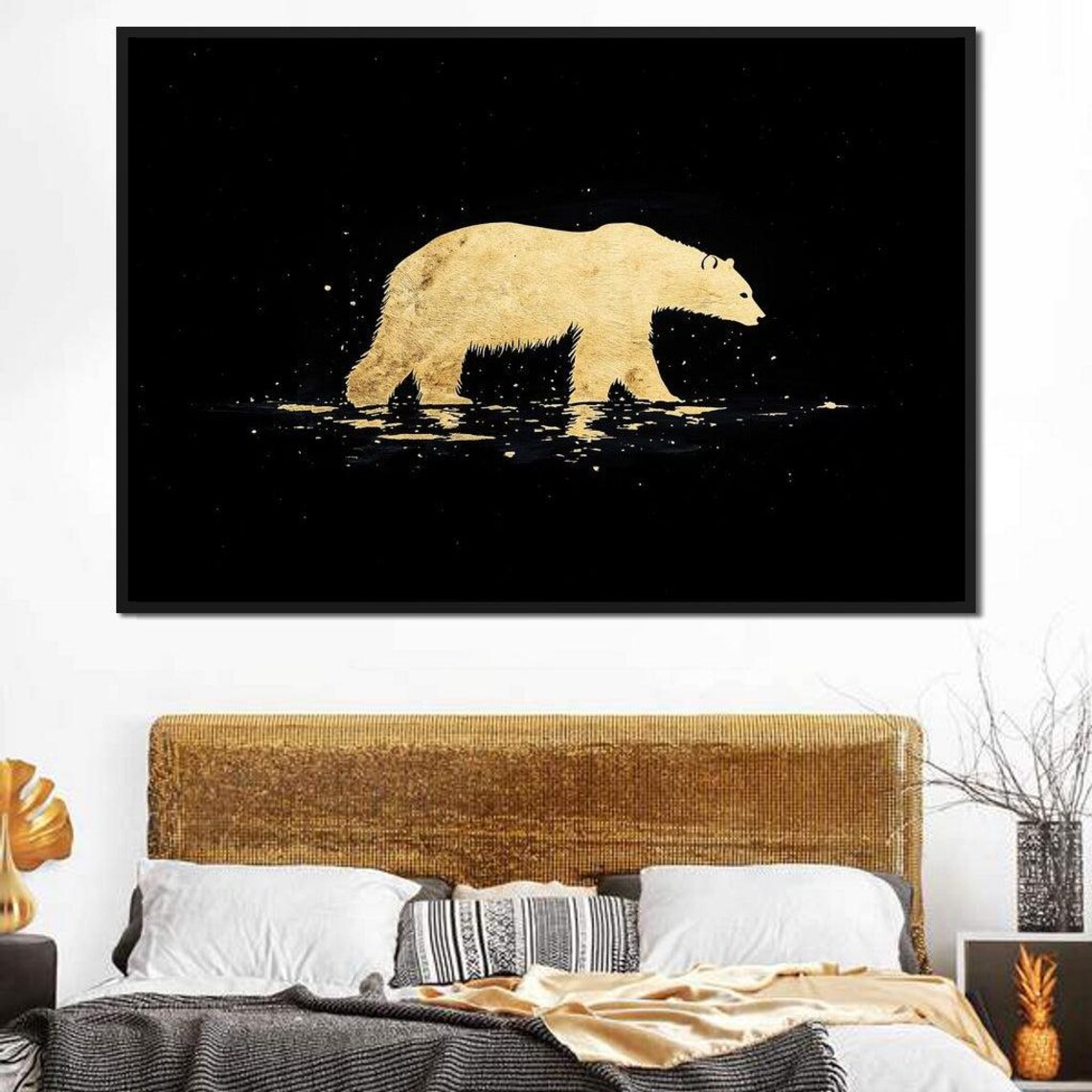 Golden Polar Bear Silhouette Black Night Minimalist Wildlife Art Poster - Image 3