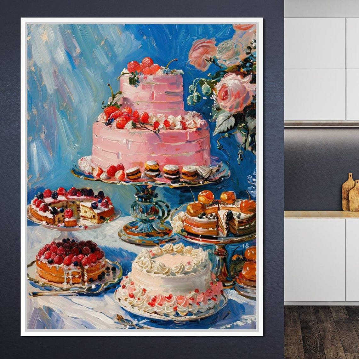Pink Berry Cakes Dessert Still Life Painting Blue Kitchen Wall Art