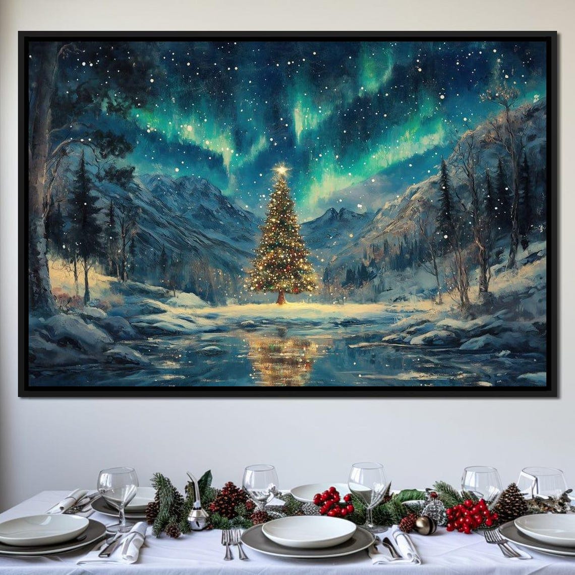 Lit Christmas Tree Under Aurora Northern Lights Mountains Poster - Image 4