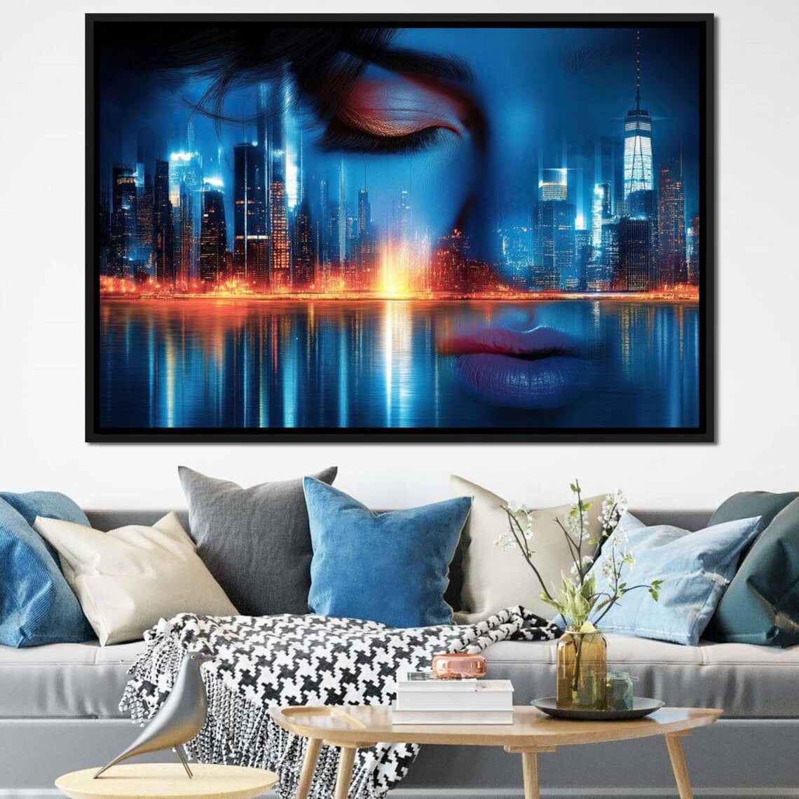 City Night Skyline Reflected In Blue Woman Face Dreamy Art Poster - Image 2