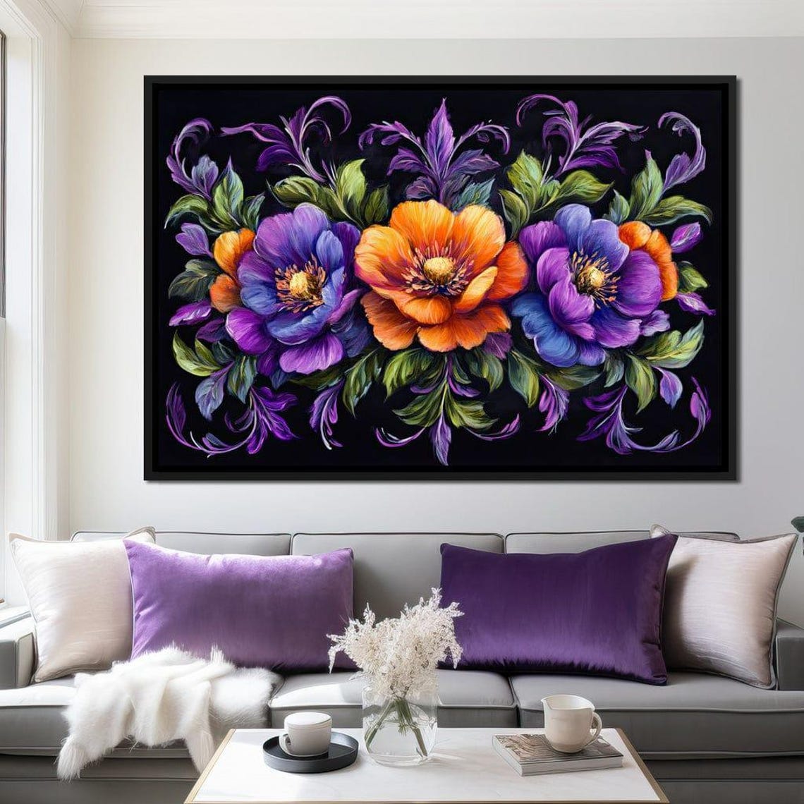 Purple Orange Symmetric Floral Botanical Black Ground Painting Poster - Image 3