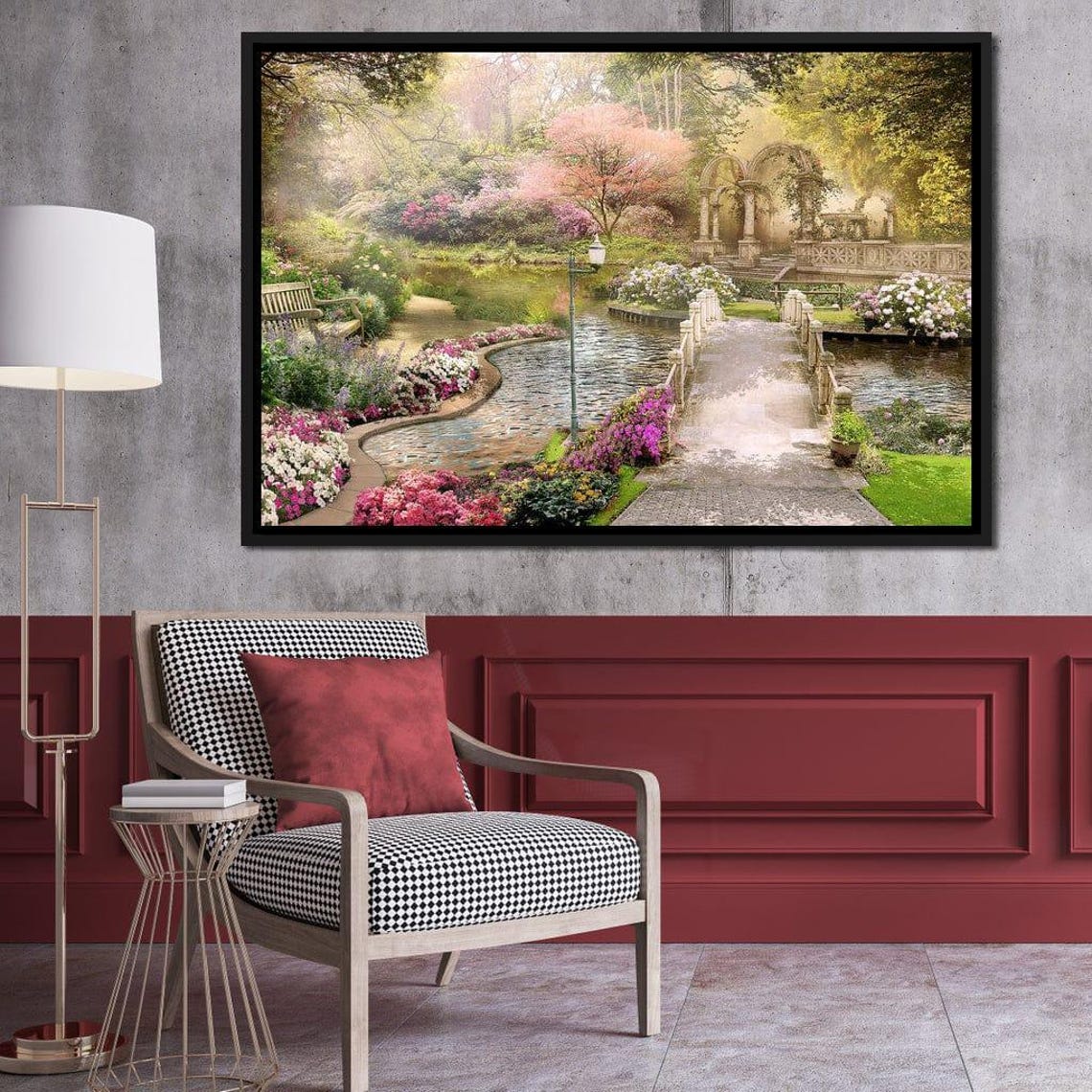 Dreamy Garden Bridge Flower Pond Romantic Spring Landscape Poster - Image 3