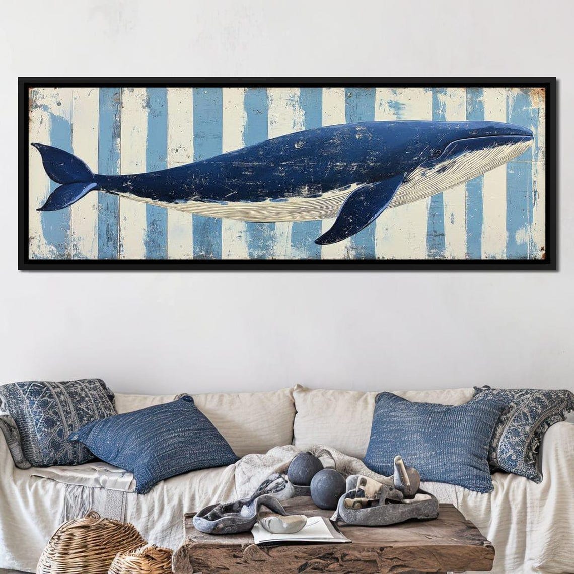 Distressed Navy Whale Striped Beach Coastal Rustic Ocean Wall Art - Image 4