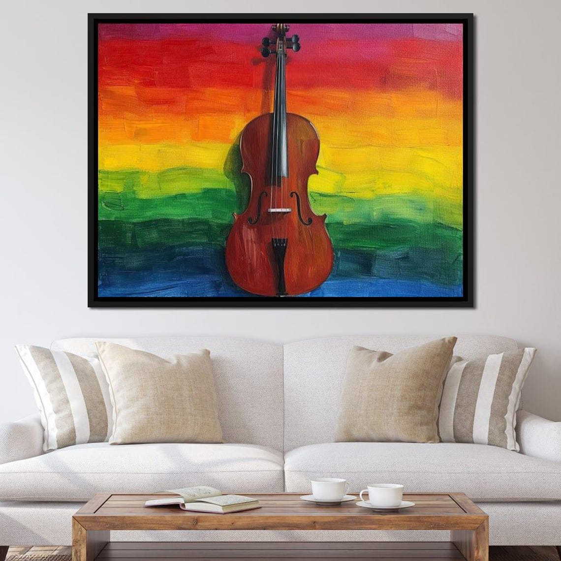 Violin Against Rainbow Bright Colorful Musical Instrument Wall Art - Image 3