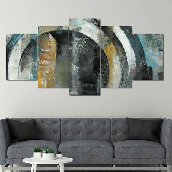 Vintage Abstract Art Five Panel Modern Geometric Painting Multicolor Decor Contemporary Wall Art By Nichecanvas