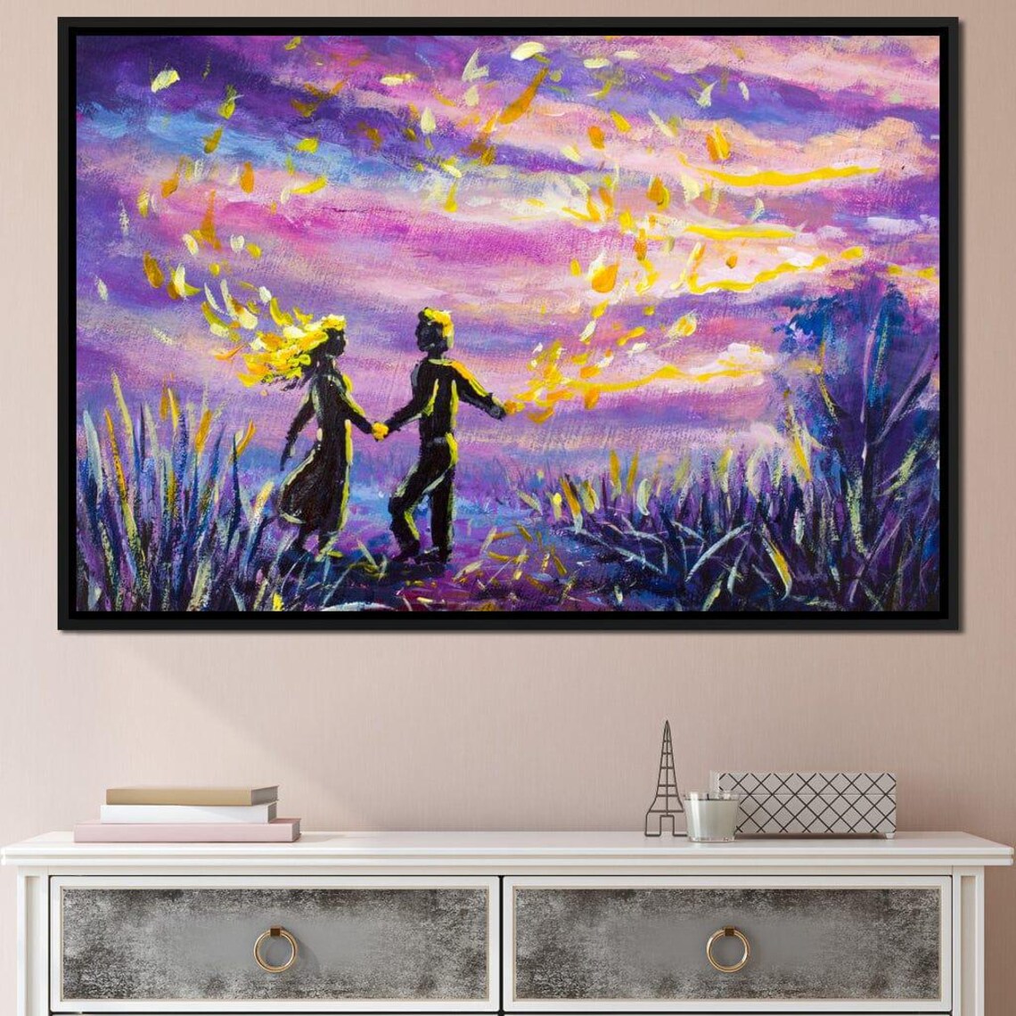 Love Under Sunset Sky Romantic Couple Silhouette Dreamy Colorful Poster - Image 2