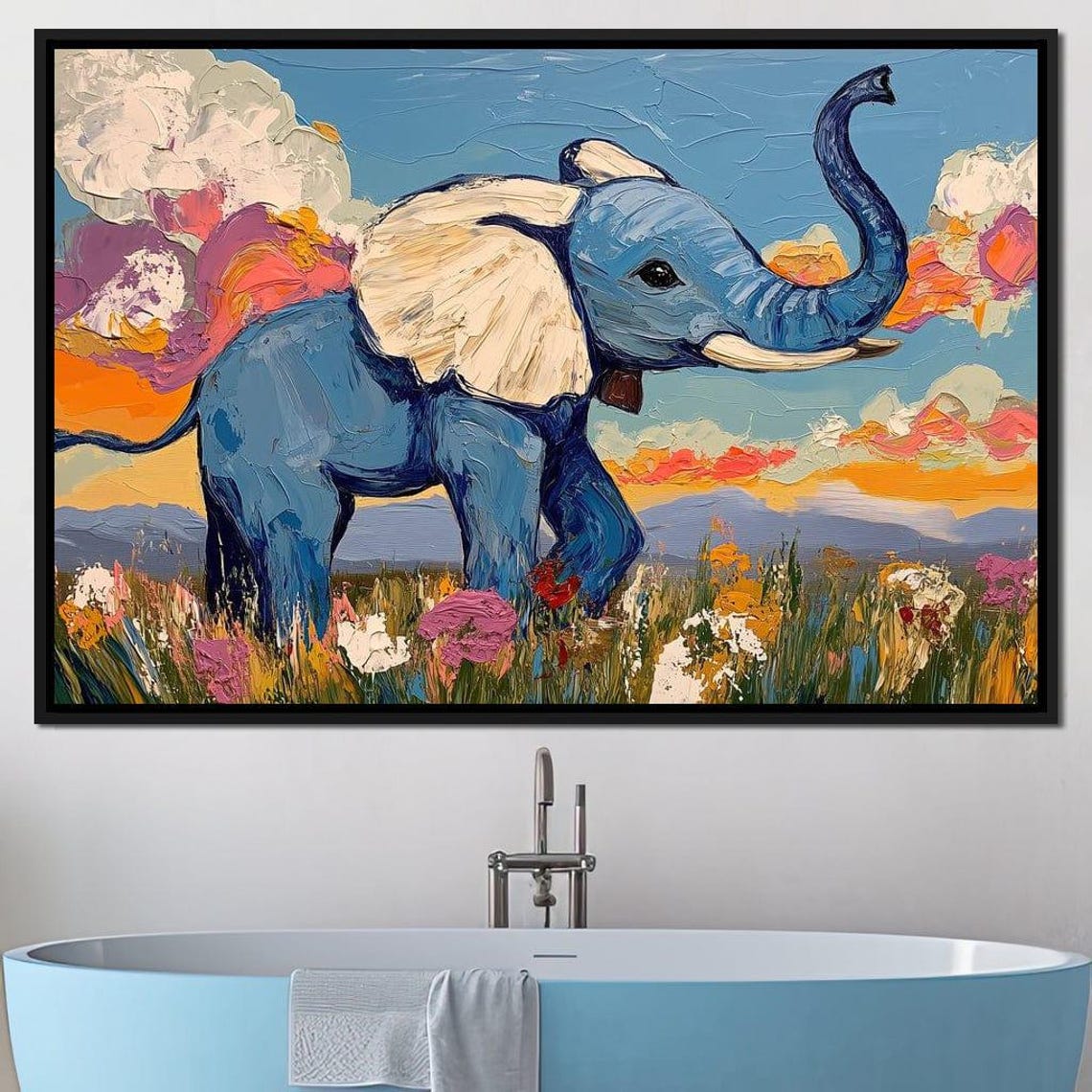 Baby Elephant Wildflower Field Sunset Trunk Raised Impasto Art Poster - Image 3