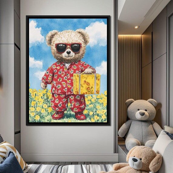 Cool Teddy Bear In Sunglasses With Yellow Suitcase Kids Room Wall Art