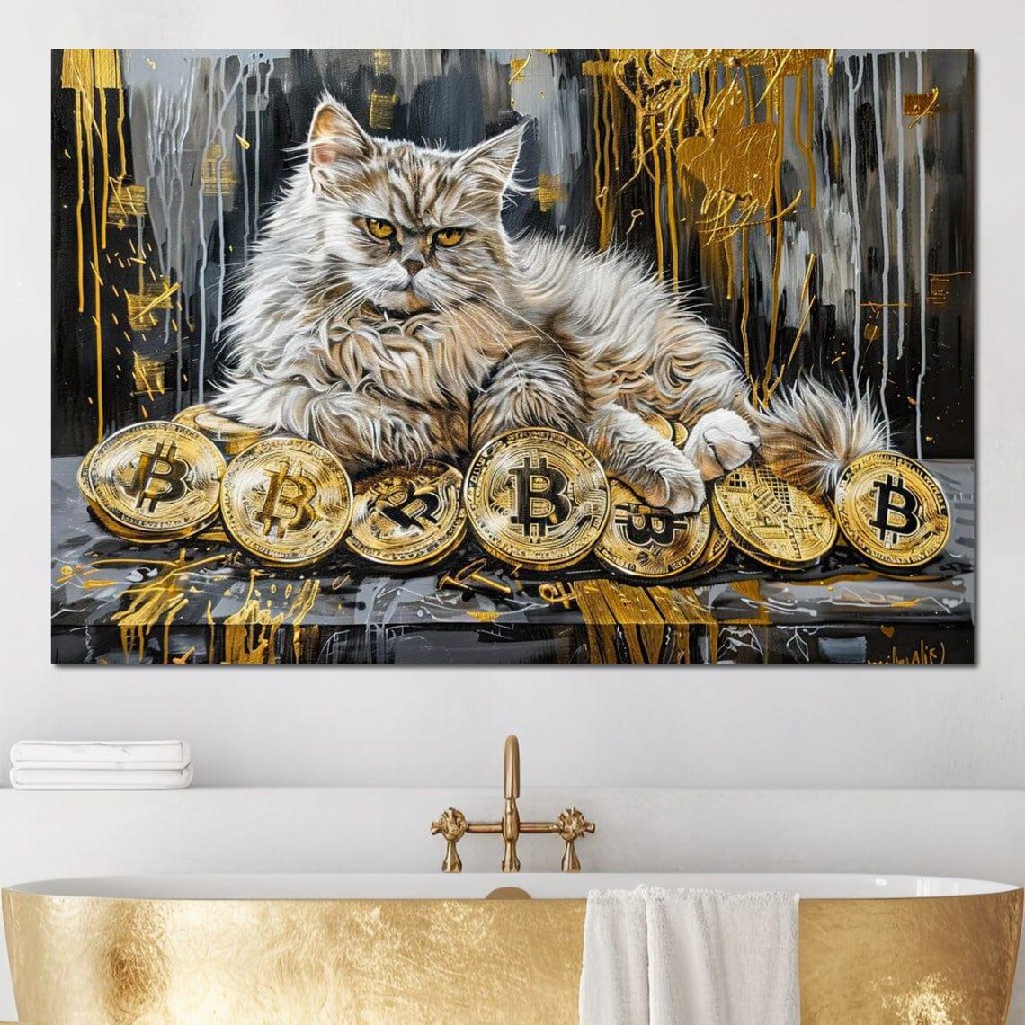 White Fortune Cat Sitting On Bitcoin Gold Coins Luxury Feline Art Print - Image 4