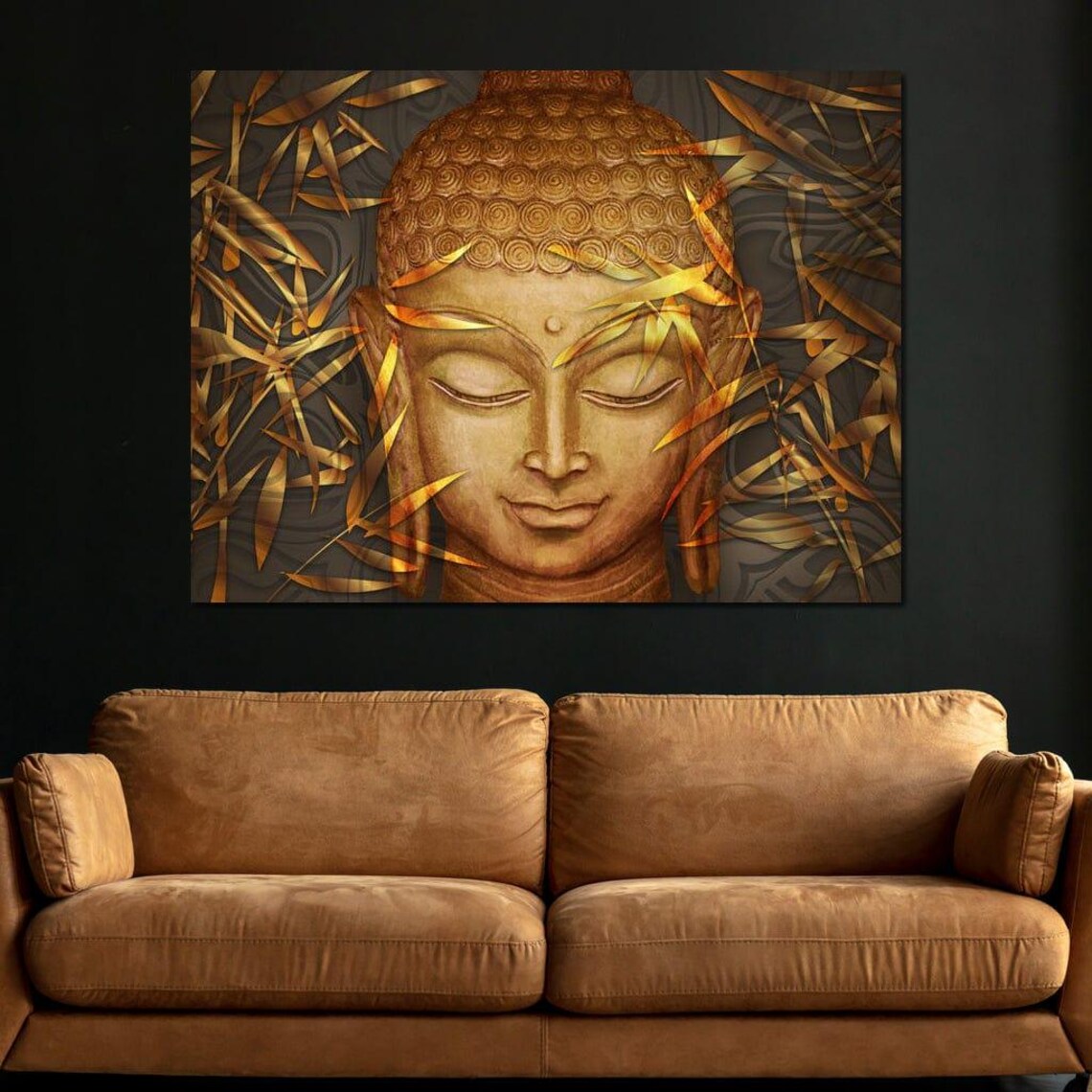 Golden Buddha Face With Bamboo Leaves Serene Zen Meditation Art Poster - Image 4