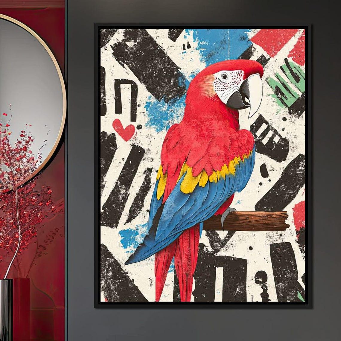 Scarlet Macaw Parrot On Bold Black Red Blue Abstract Pop Art Poster - Image 4