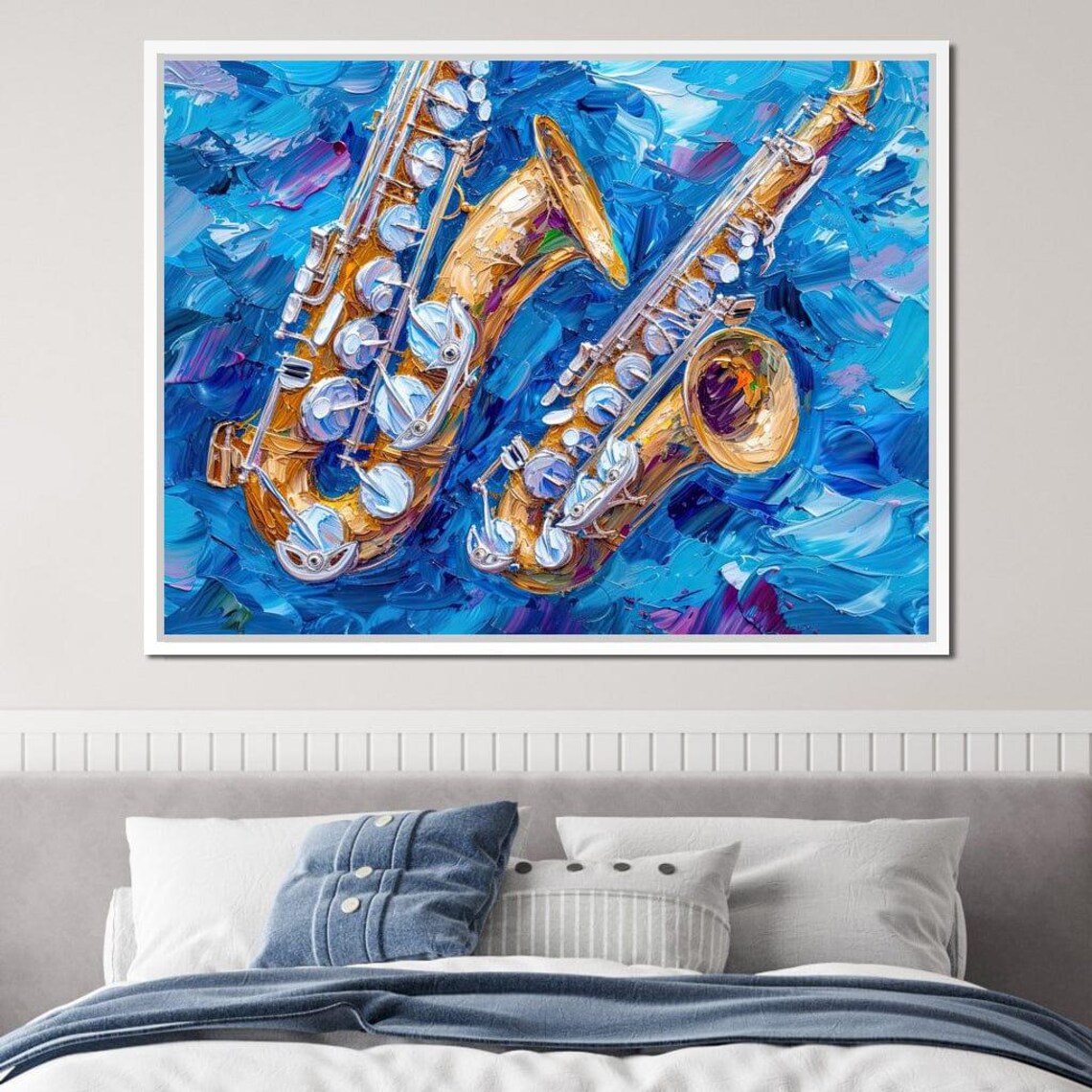 Golden Saxophones Blue Background Impasto Jazz Instrument Modern Art Poster