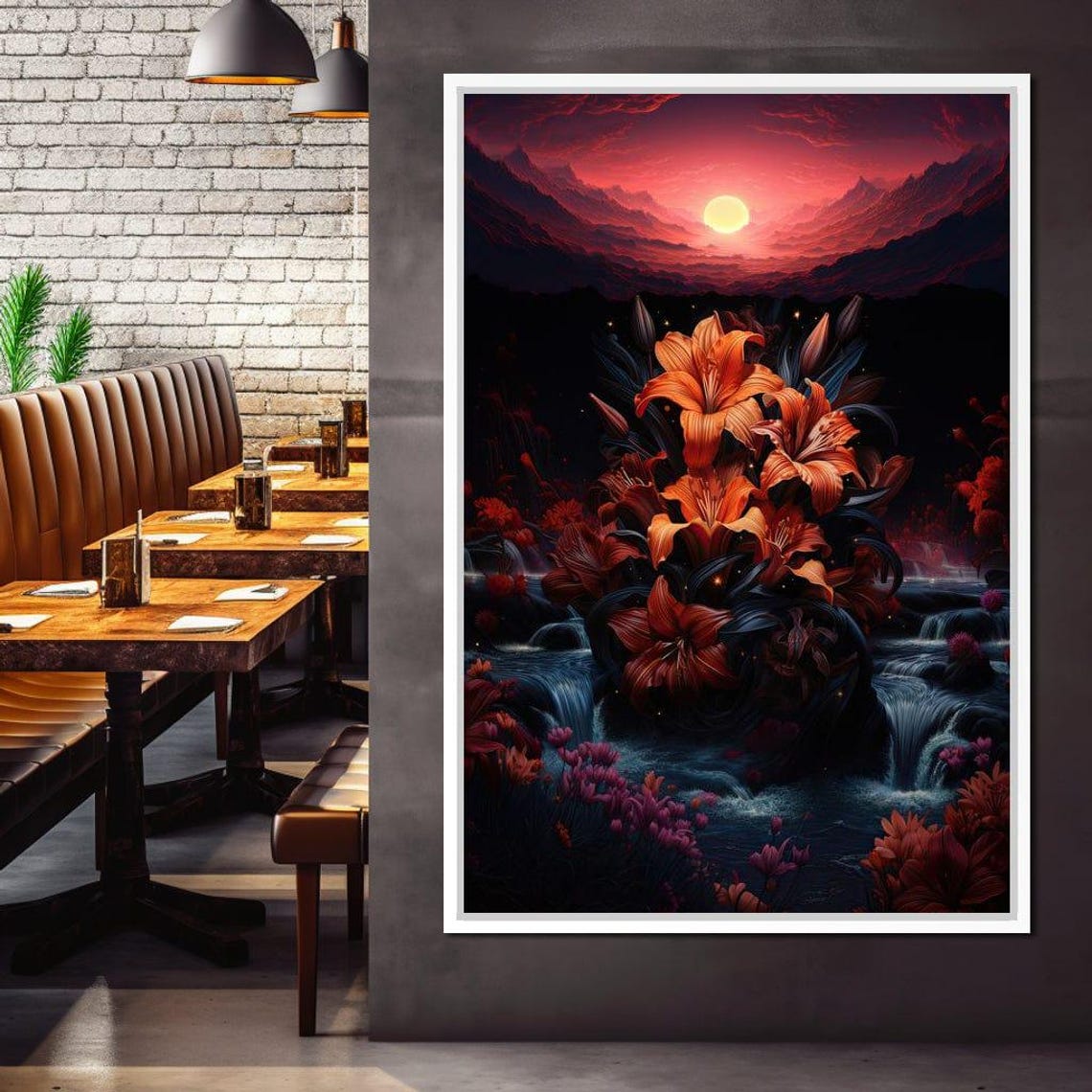 Fantasy Orange Lily Waterfall Sunset Moon Dreamy Landscape Poster - Image 2
