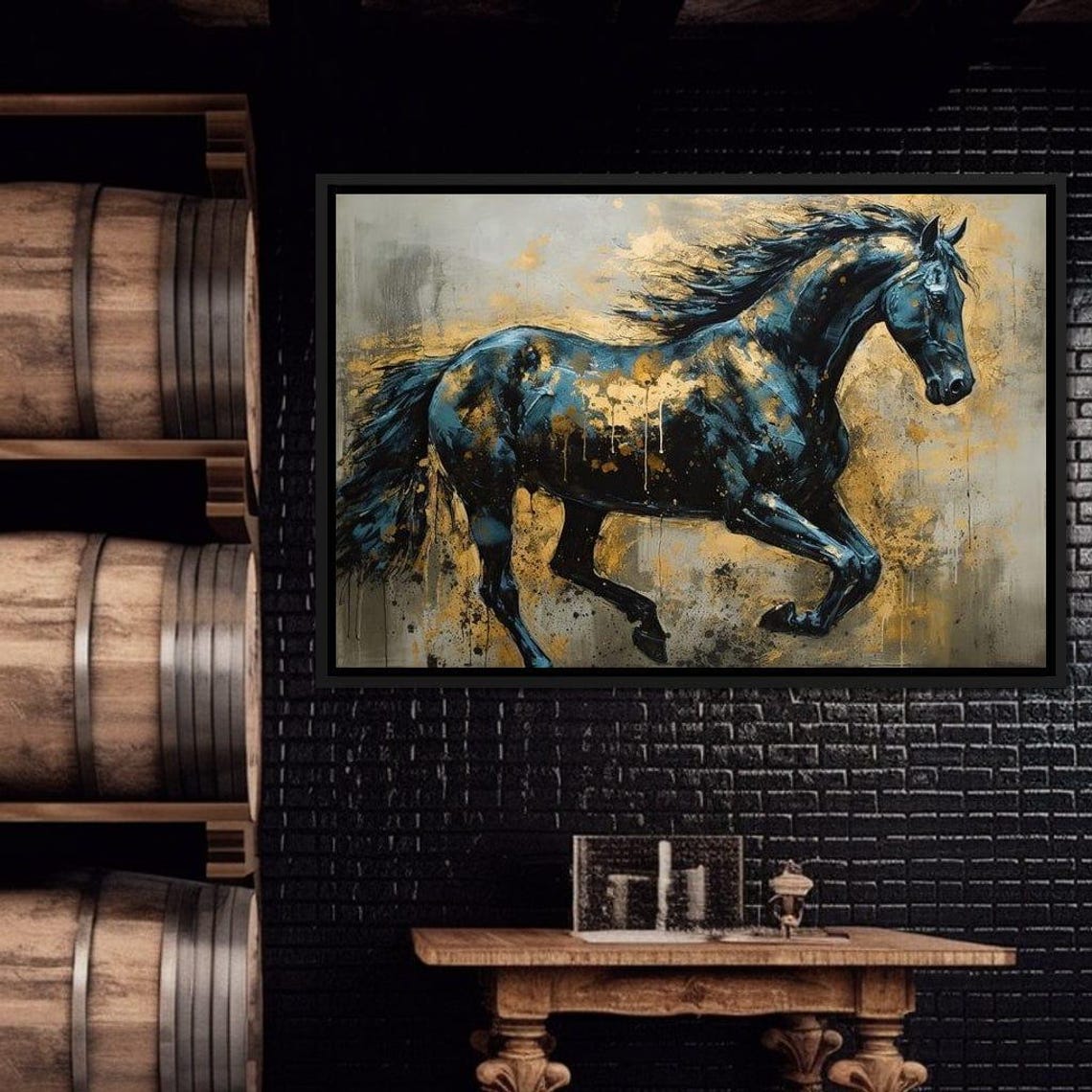 Black Stallion Galloping Gold Splatter Dynamic Equine Art Wall Poster - Image 3