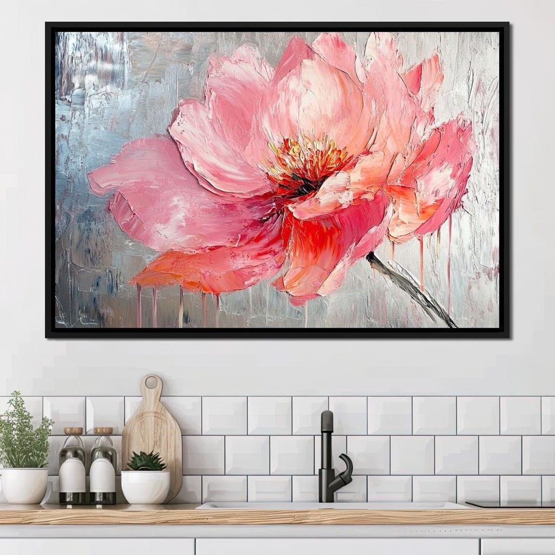 Blush Pink Peony Gray Textured Background Drip Floral Art Print - Image 2