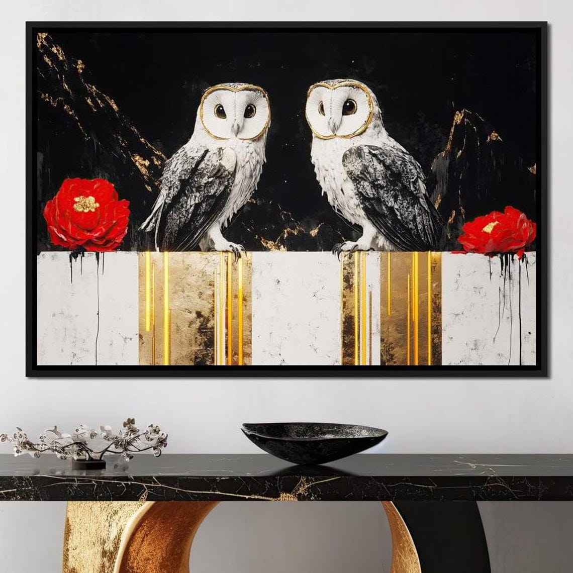 Two White Barn Owls On Gold Black Marble Red Flowers Art Poster