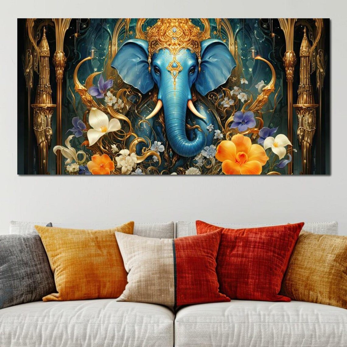 Radiant Majesty Of The Elephant Majestic Art Blue Yellow Spiritual Decor Hindu Gods Contemporary Home Decor By Nichecanvas - Image 2