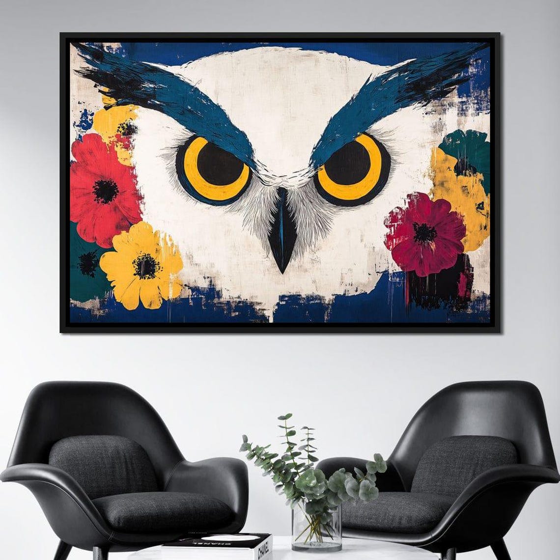 Intense White Owl Face With Big Yellow Eyes Floral Art Poster - Image 3