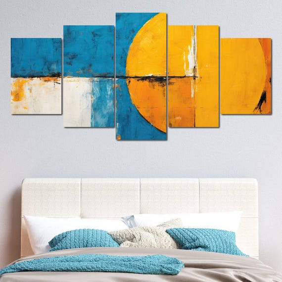 Solar Embrace In Teal Shadows Abstract Art Geometric Design Yellow And Teal Modern Home Decor Wall Art By Nichecanvas