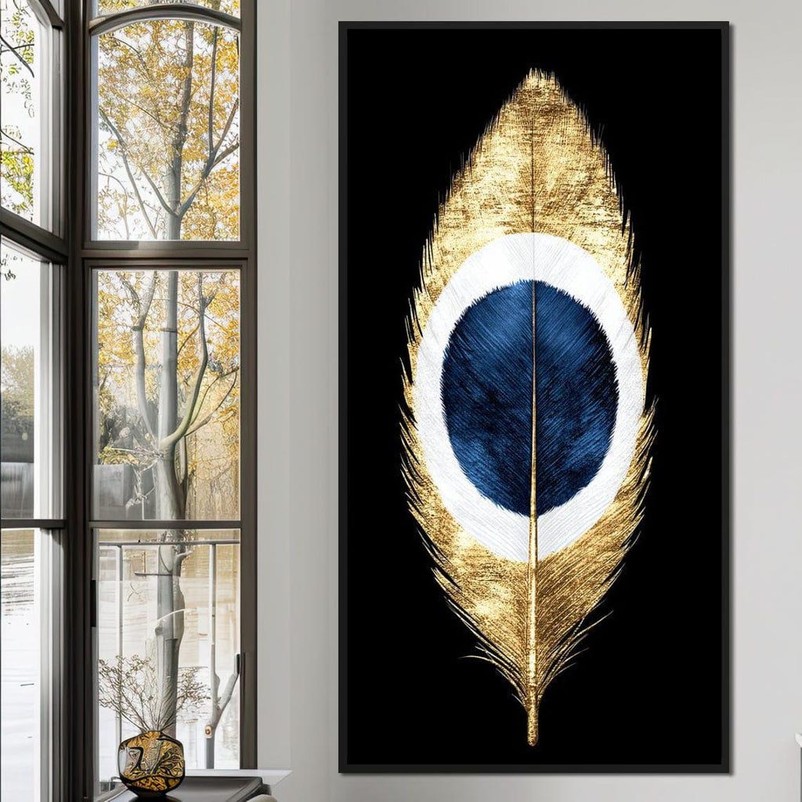 Gold And Navy Peacock Feather On Black Background Elegant Wall Art