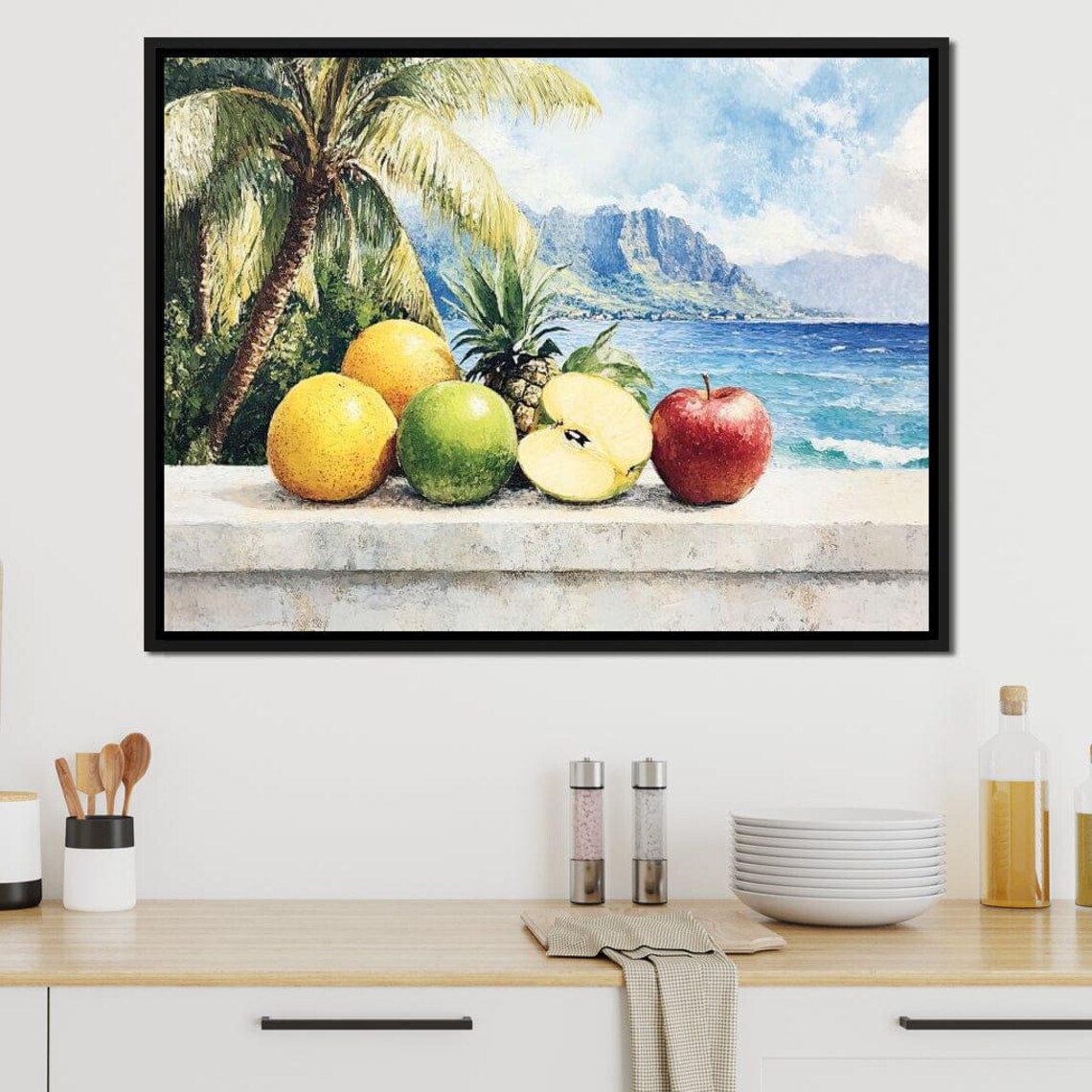 Tropical Fruits Beach Palm Ocean Mountain View Still Life Poster