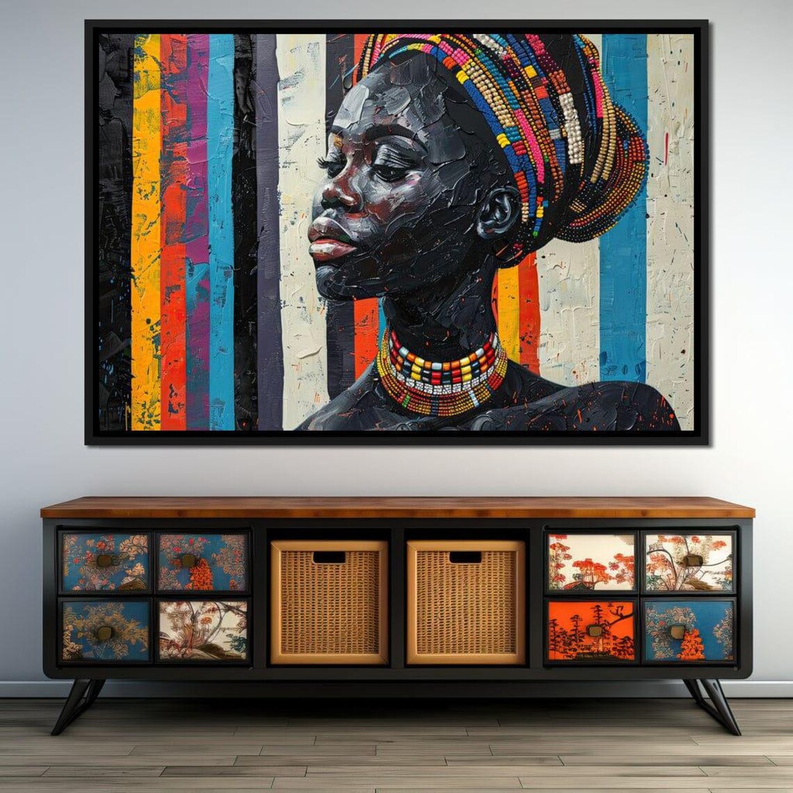 African Woman Beaded Headwrap Colorful Stripe Canvas Wall Art - Image 2