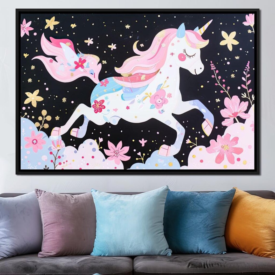 Pink Mane Unicorn Galloping Among Blossoms Floral Fantasy Poster - Image 3